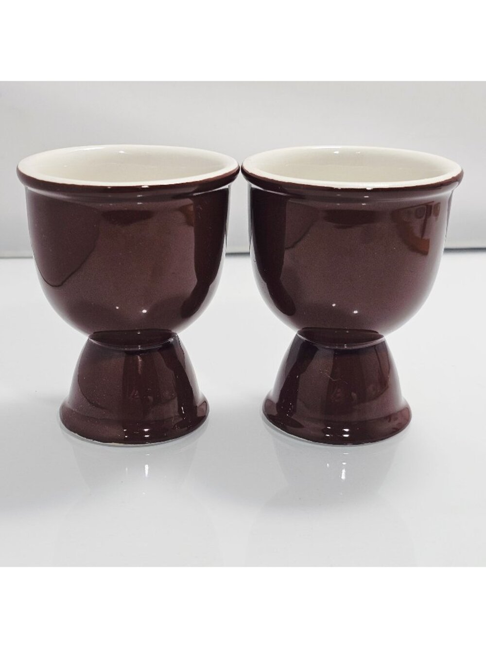 2 Vintage Brown Ceramic Egg Cups 4" glazed dual end cup versatile use farmhouse